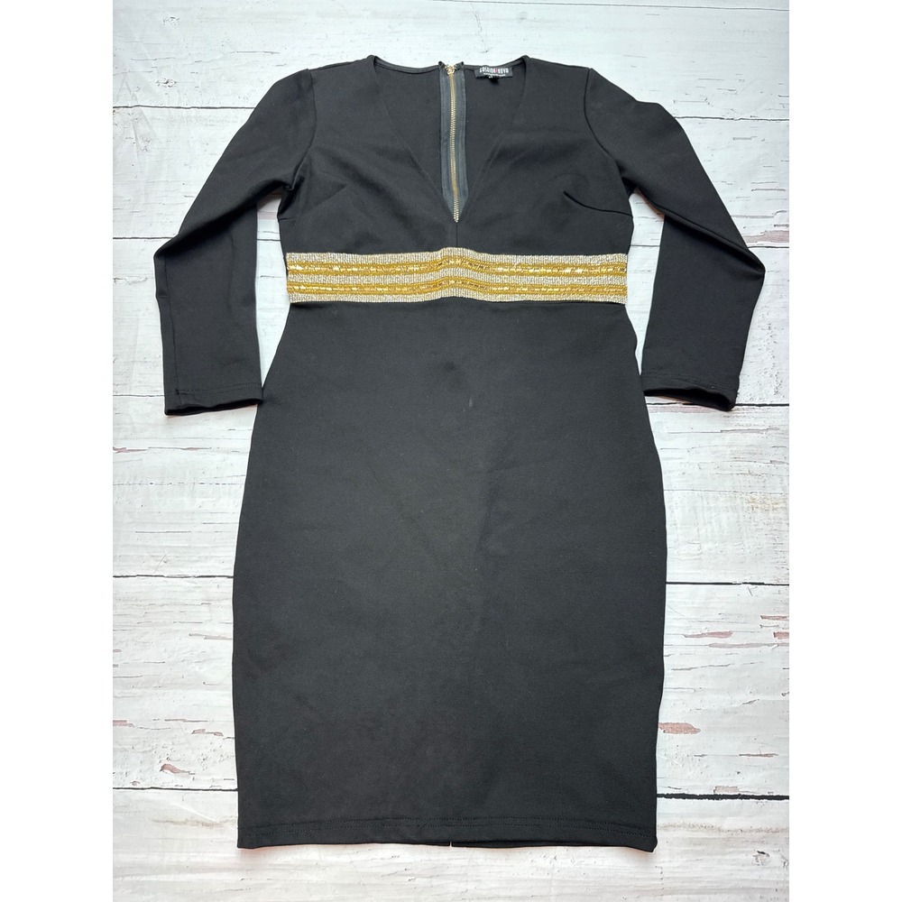 Fashion Nova Black Gold Beaded Empire Waist V-Neck Bodycon Dress Large
